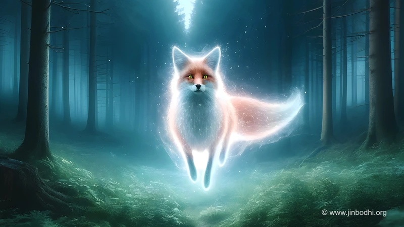 出现在森林迷雾中的狐狸灵体，飘浮于空中